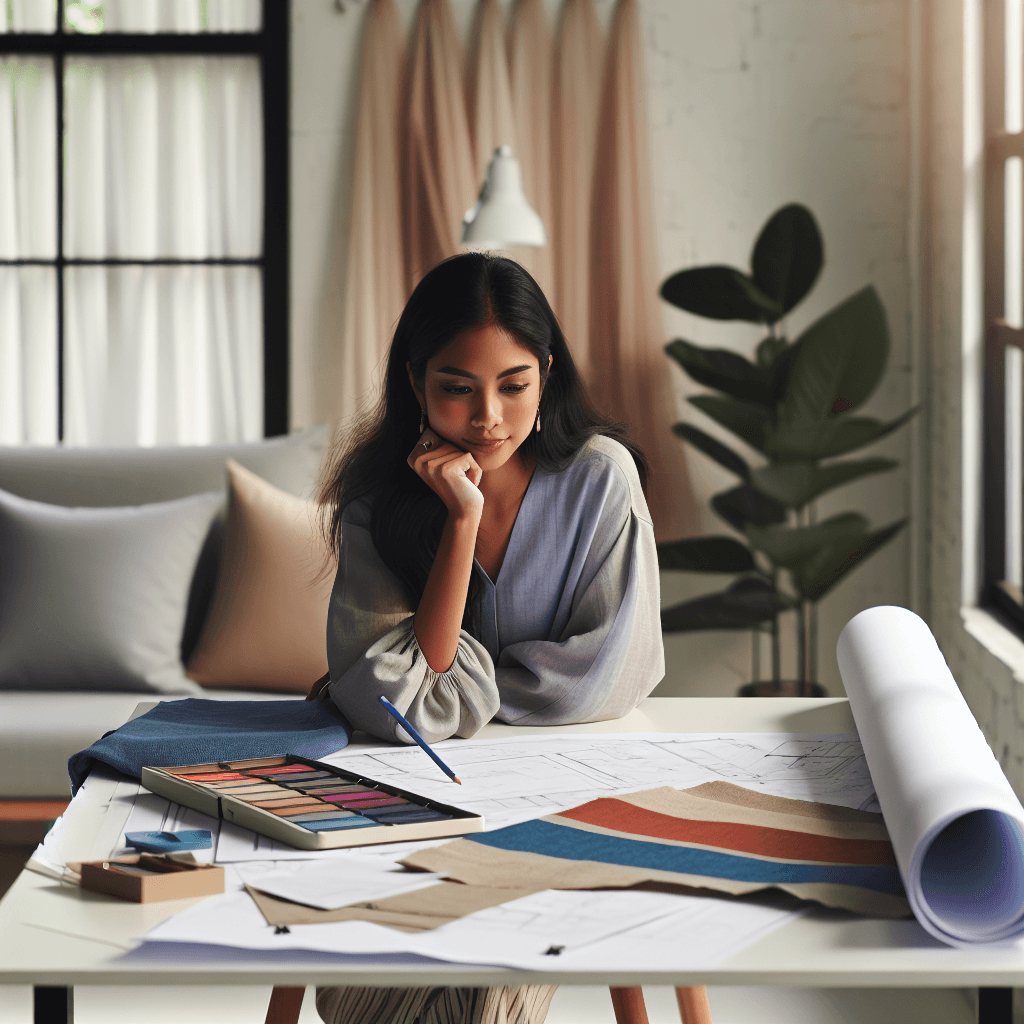 A medium shot of a South Asian female interior designer brainstorming ideas over a table scattered with blueprints, sketches, and fabric swatches, natural studio lighting, professional business photography style