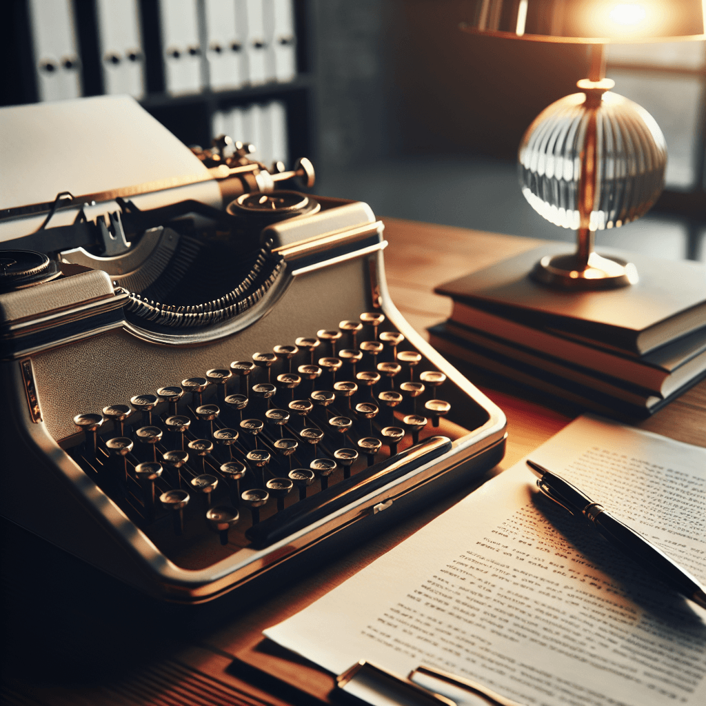 A close up shot of an elegant, vintage typewriter in a professional workspace, with a stack of documents nearby. The setting is illuminated by soft office lighting, enhancing the sophistication of the atmosphere. It demonstrates business lifestyle photography style.
