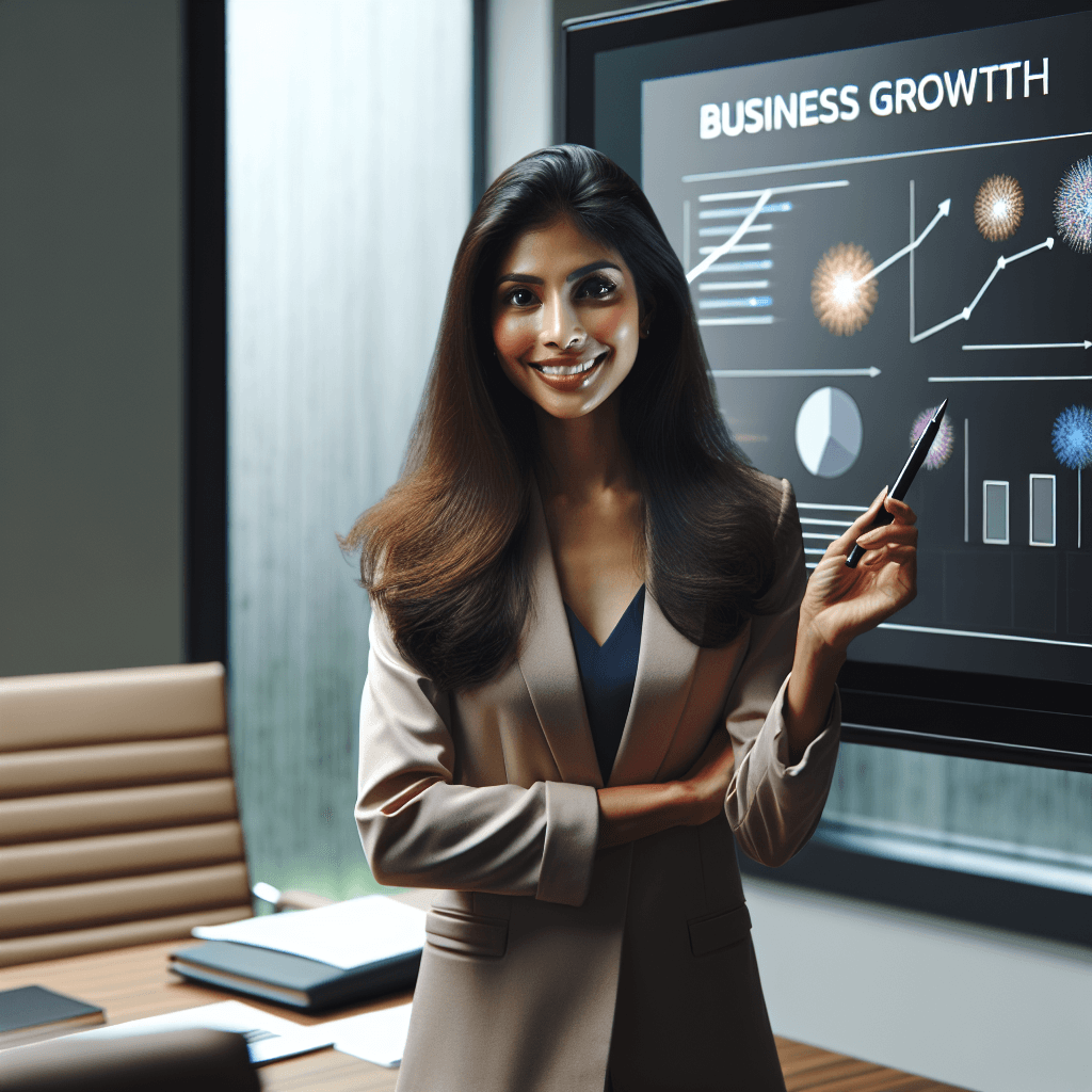 A successful South Asian female entrepreneur giving presentation in a sleek conference room, using a digital whiteboard highlighting business growth strategies, high-quality business photography style, lit with a soft and natural indoor light.