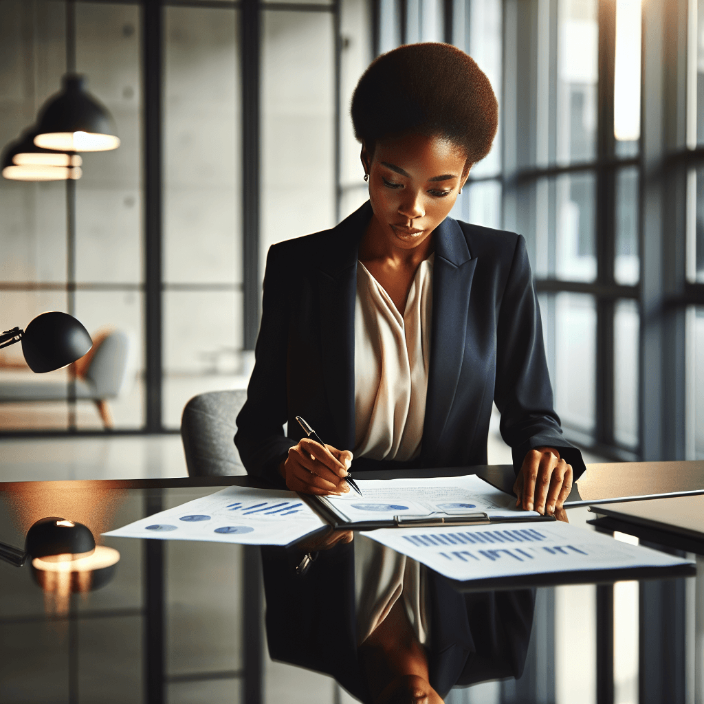 A business consultant in a well-lit, modern office space, sitting at a glass-top table reviewing financial documents spread out on the table, wearing neat office attire, business photography style. She is an African-American woman, with a pen in hand, looking deep in thought. Natural light from the large office windows is softly illuminating the space along with desk lamps.