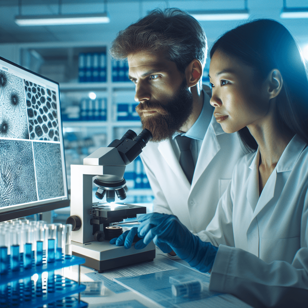 A team of two diverse healthcare professionals in a well-lit, organized lab environment, focused on digital microscopic slides on a large monitor, under cool fluorescent lighting, medical research photography style.