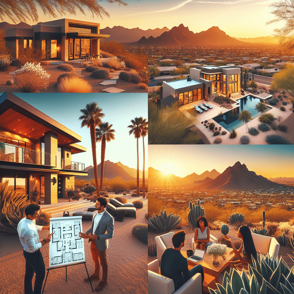 Generate an image that captures the essence of stunning Fall home projects in the Phoenix area, perfect for maximizing real estate Return of Investment. The scene should embody professional real estate photography featuring the Arizona desert landscapes, Southwestern architecture, and modern homes found within the Greater Phoenix communities. A showcase of desert mountain views, palm trees, and contemporary southwest designs should be present. Include diverse people such as a Hispanic male real estate agent showing a home to a Black family, a Middle-Eastern couple looking at an architectural blueprint, and a South Asian woman enjoying her landscaped yard. The whole scene should be captured with warm golden hour lighting and no text, logos, graphics overlays, and watermarks.