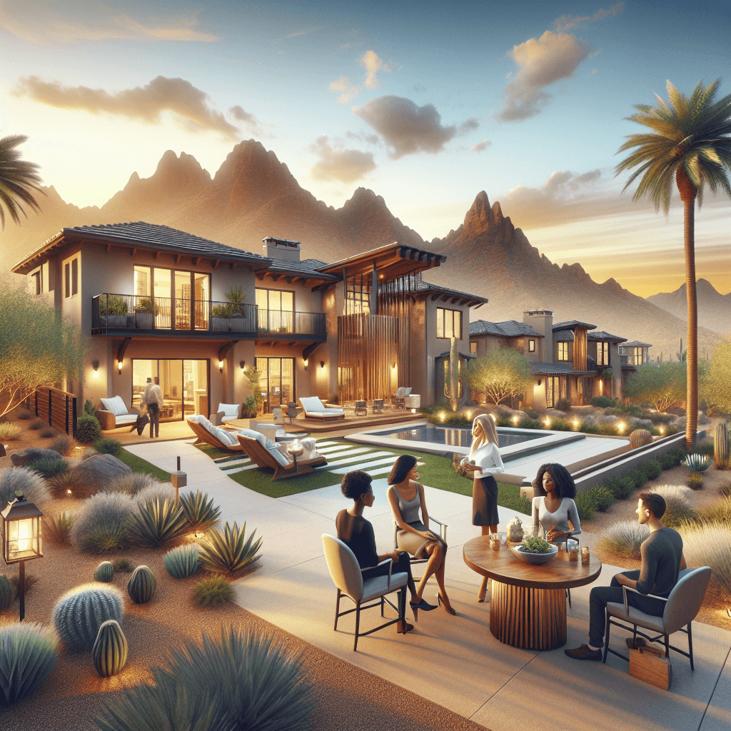 Create a photorealistic image tailored for a real estate blog about 'Decluttering Secrets: 14 Must-Have Tips for Effortless Selling'. The style should resemble professional real estate photography with natural lighting, sharp focus, and realistic textures. The image must capture the Arizona desert landscapes, Southwestern architecture, or modern Phoenix-area homes. Include a diverse mix of people of different descents and genders such as Black female and Caucasians male naturally engaged in real estate activities like viewing homes, meeting with agents, and families of varying descents like Hispanic and South Asian in the yards when contextually appropriate. The backdrop should feature the grandeur of the Greater Phoenix communities showcasing desert mountain views, palm trees, contemporary design, or a Southwest aesthetic. The image should represent camera skills of professional real estate photography, ideally in warm golden hour lighting. High resolution, photojournalistic quality without any text, logos, watermarks, or graphic overlays.