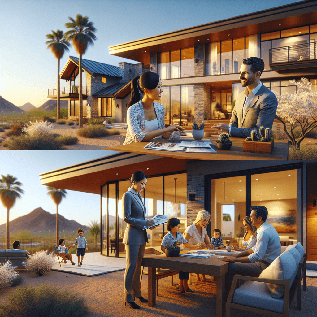 Generate a professional, photorealistic image for a real estate blog, showcasing the features of a modern home located in the Greater Phoenix Area. The image should capture the atmosphere of the Arizona desert landscapes and Southwestern architecture. Display a range of different people actively engaged in real estate situations, such as an Asian female real estate agent meeting with a Middle-Eastern male client, and a Hispanic family playing in the yard. The setting should feature a backdrop of desert mountain views, palm trees, and contemporary design elements. Focus on capturing warm golden hour lighting for a photojournalistic quality, with sharp focus and no addition of text, logos, watermarks, or graphic overlays.