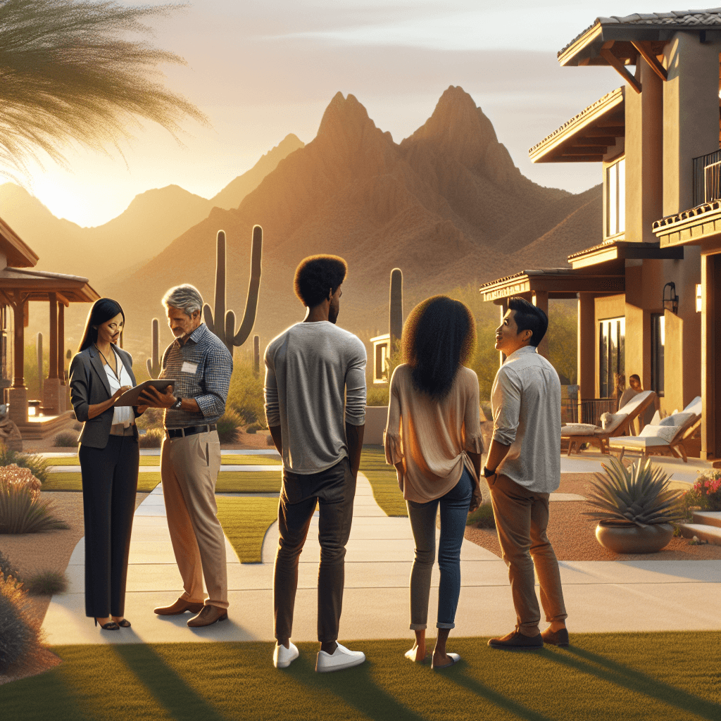 Generate a photorealistic, photojournalistic image displaying an Arizona desert landscape with Southwestern architecture or modern Phoenix-area homes. Include diverse people, such as a Hispanic real estate agent showing a house to a Caucasian couple, a Black family spending time in the yard, and a South Asian individual looking at potential homes to buy. Set this in the communities of Greater Phoenix, showcasing desert mountain views, palm trees, and contemporary design elements typical of the Southwest aesthetic. Ensure everything is shown under warm golden hour lighting with no text, logos, graphics overlays, or watermarks. Capture the shot in professional real estate photography style with sharp focus and realistic textures.